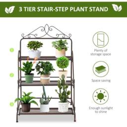 OUTSUNNY 3 Tier Metal Plant Stand, Flower Pot Display Shelf Indoor & Outdoor in Brown - thumbnail 4