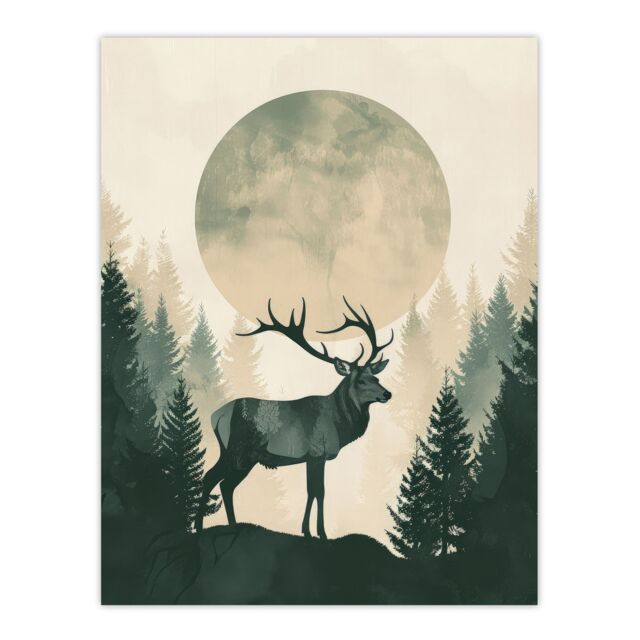"Artery8 Wall Art Print Full Moon Forest Hill Stag Grey Green Design Poster - Size: W24"" x H32""" - image 1
