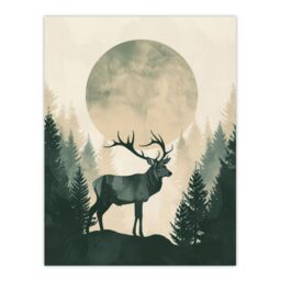 "Artery8 Wall Art Print Full Moon Forest Hill Stag Grey Green Design Poster - Size: W24"" x H32""" - thumbnail 1