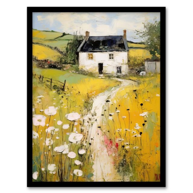 "Artery8 Welsh Countryside Cottage Rolling Hills Wildflowers Bright Framed Art in Yellow - Size: W12"" x H16""" - image 1