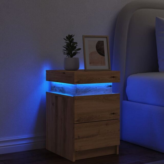 Berkfield Home Bedside Cabinet with LED Artisian Oak 35x39x55 cm Engineered Wood in Brown - Size: 35 x 39 x 55 cm - image 1