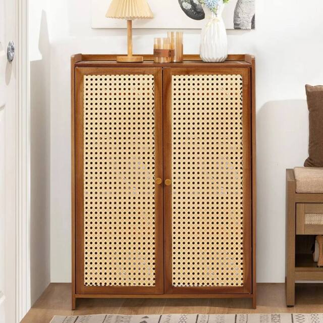 Ventryn Wooden Shoe Cabinet with Double Rattan Doors Storage Stand in Brown - image 1