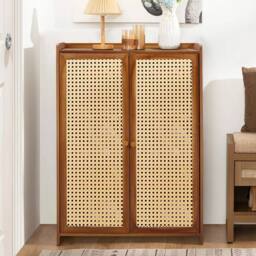 Ventryn Wooden Shoe Cabinet with Double Rattan Doors Storage Stand in Brown