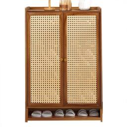 Ventryn Wooden Shoe Cabinet with Double Rattan Doors Storage Stand in Brown - thumbnail 3