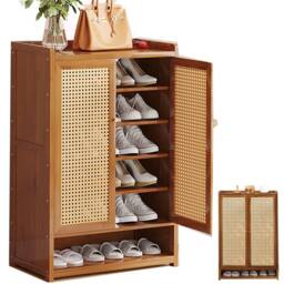Ventryn Wooden Shoe Cabinet with Double Rattan Doors Storage Stand in Brown - thumbnail 4