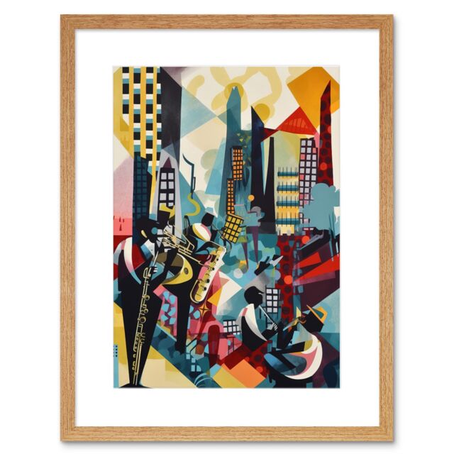 "Artery8 Wall Art Print Jazz Musicians Playing on an Urban Landscape Rooftop Abstract Modern Watercolour Artwork Framed 9X7 Inch - Size: W7"" x H9""" - image 1