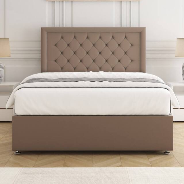 "BSSPOKE Nova Plush Velvet Divan Bed Set 24"" Headboard & Mattress No Drawers in Taupe - Size: Super King" - image 1