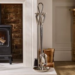 Dibor Contemporary Fireplace 4pc Fireside Silver Finish Companion Set H90cm in Metallic Silver
