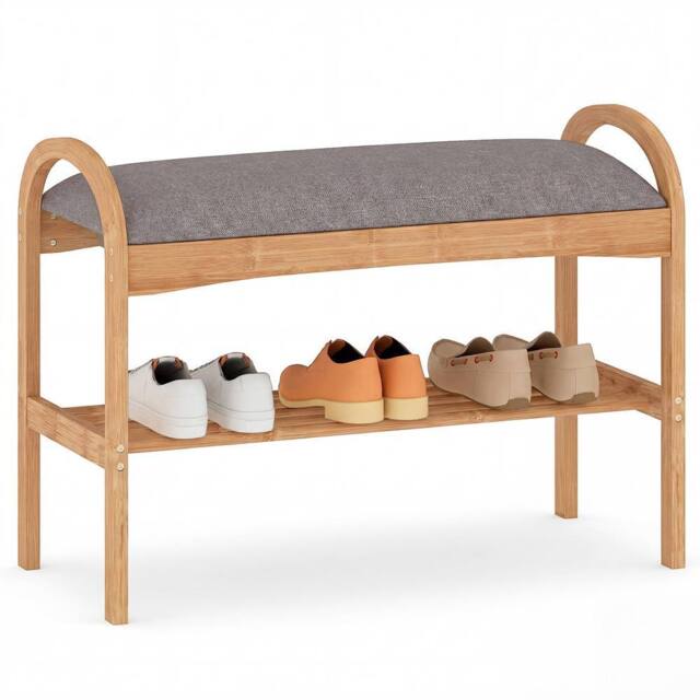 Gymax 2-Tier Shoe Rack With Padded Cushion & Shelf Shoe Bench For Entryway in Grey - image 1