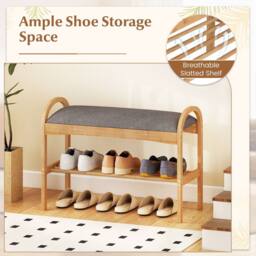 Gymax 2-Tier Shoe Rack With Padded Cushion & Shelf Shoe Bench For Entryway in Grey - thumbnail 3