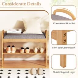 Gymax 2-Tier Shoe Rack With Padded Cushion & Shelf Shoe Bench For Entryway in Grey - thumbnail 4