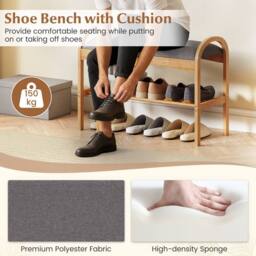 Gymax 2-Tier Shoe Rack With Padded Cushion & Shelf Shoe Bench For Entryway in Grey - thumbnail 9