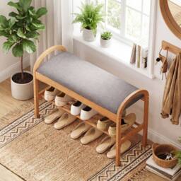 Gymax 2-Tier Shoe Rack With Padded Cushion & Shelf Shoe Bench For Entryway in Grey - thumbnail 2