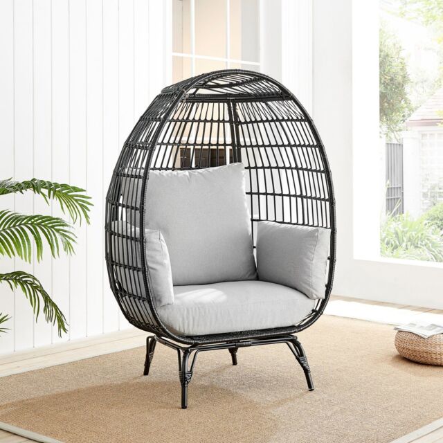 FurnitureboxUK Grey Rattan Garden Egg Chair in PE Resin Rattan for Outdoors & 15cm Luxuriously Thick Cushions - Patio Chair in Black - image 1