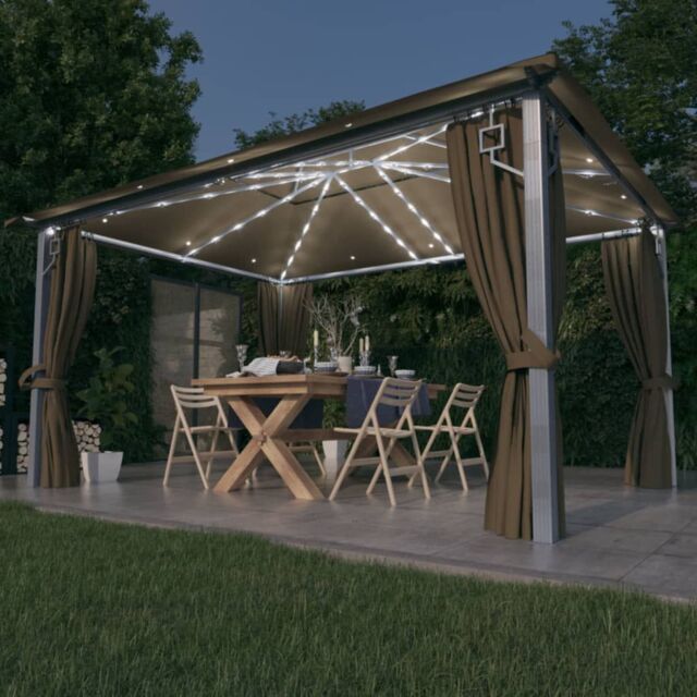 Berkfield Home Gazebo with Curtain&LED String Lights 4x3 m Taupe Aluminium in Beige - image 1