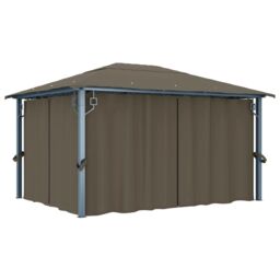 Berkfield Home Gazebo with Curtain&LED String Lights 4x3 m Taupe Aluminium in Beige - thumbnail 3