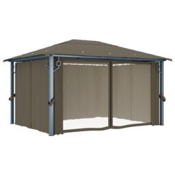 Berkfield Home Gazebo with Curtain&LED String Lights 4x3 m Taupe Aluminium in Beige - thumbnail 6