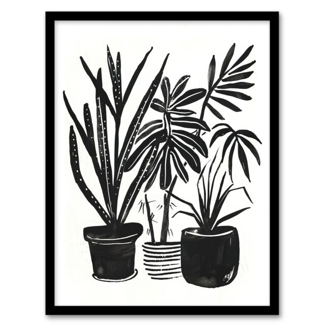 Artery8 Plant Lover Houseplant Pots Black Watercolour Framed Art Print - Size: A4 - image 1