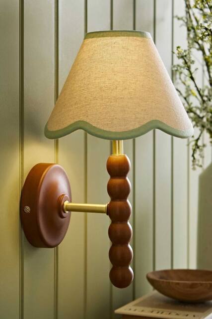 ValueLights Bobbins Walnut Bobble Wall Light & Linen Trim Lamp Shade in Pale Green - image 1