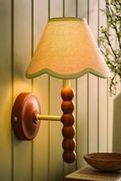ValueLights Bobbins Walnut Bobble Wall Light & Linen Trim Lamp Shade in Pale Green - thumbnail 2