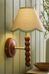 ValueLights Bobbins Walnut Bobble Wall Light & Linen Trim Lamp Shade in Pale Green - thumbnail 1