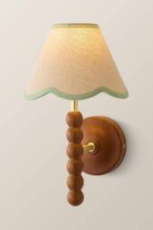 ValueLights Bobbins Walnut Bobble Wall Light & Linen Trim Lamp Shade in Pale Green - thumbnail 3