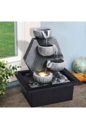 Living and Home Resin Feature Tabletop Water Fountain with LED Light in Grey