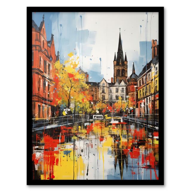 Artery8 Glasgow Cityscape Vibrant Oil Painting Red Yellow Autumn In Scotland Art Print Framed Poster Wall Decor in Black - Size: A4 - image 1