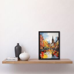 Artery8 Glasgow Cityscape Vibrant Oil Painting Red Yellow Autumn In Scotland Art Print Framed Poster Wall Decor in Black - Size: A4 - thumbnail 4