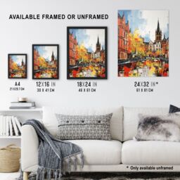 Artery8 Glasgow Cityscape Vibrant Oil Painting Red Yellow Autumn In Scotland Art Print Framed Poster Wall Decor in Black - Size: A4 - thumbnail 3