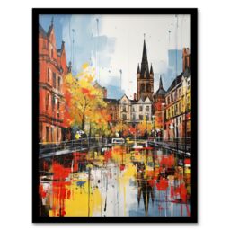 Artery8 Glasgow Cityscape Vibrant Oil Painting Red Yellow Autumn In Scotland Art Print Framed Poster Wall Decor in Black - Size: A4 - thumbnail 1