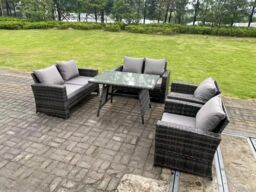 Fimous 6 Seater Outdoor Dark Grey Mixed High Back Rattan Sofa Dining Table Set Garden Furniture - thumbnail 3