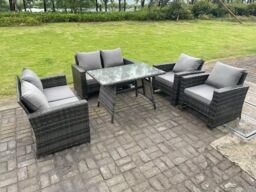 Fimous 6 Seater Outdoor Dark Grey Mixed High Back Rattan Sofa Dining Table Set Garden Furniture - thumbnail 2