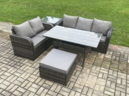 Fimous Outdoor Garden Patio Furniture Wicker Rattan Oblong Rectangular Dining Table & Lounge Sofa set with Side Table Big Footstool in Dark Grey - thumbnail 2