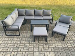 Fimous Aluminum 9 Seater Outdoor Lounge Corner Sofa Set Garden Furniture Sets with Oblong Coffee Table Chair 2 Big Footstool Dark Grey - thumbnail 2