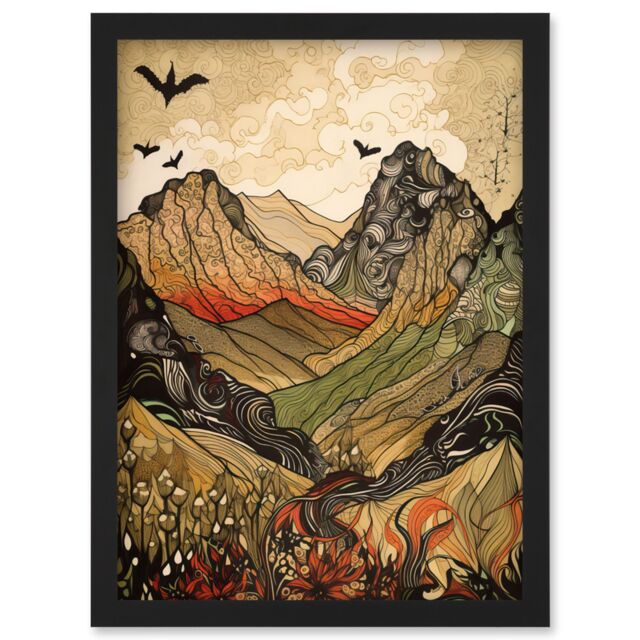 Artery8 Mountain Landscape Multicoloured Pattern Linocut Artwork Framed Wall Art Print A4 in Black - image 1