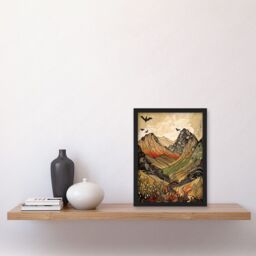 Artery8 Mountain Landscape Multicoloured Pattern Linocut Artwork Framed Wall Art Print A4 in Black - thumbnail 2