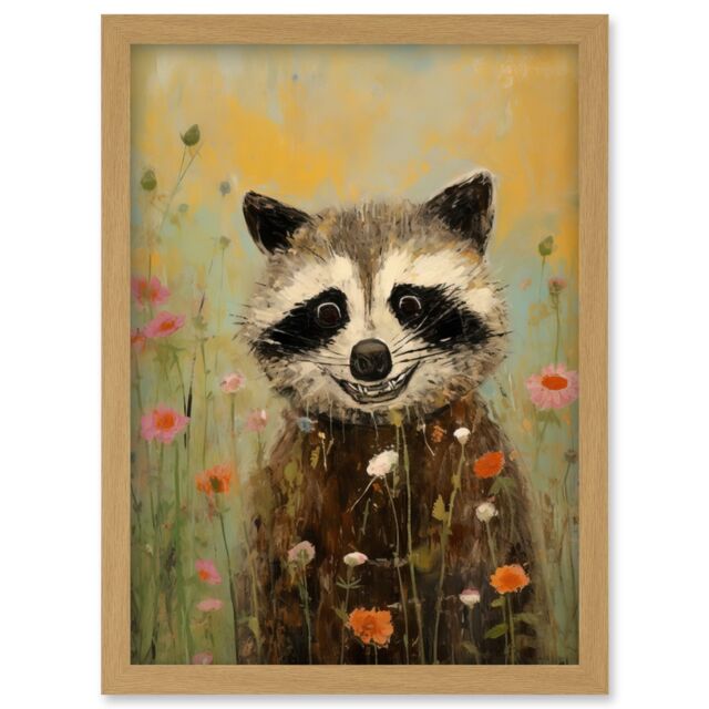 Artery8 Wall Art Print Gleeful Raccoon Picking Flowers Oil Painting Red White Blooms Spring Meadow Landscape Kids Bedroom Artwork Framed A4 - image 1