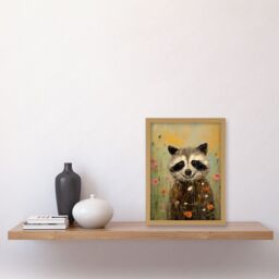Artery8 Wall Art Print Gleeful Raccoon Picking Flowers Oil Painting Red White Blooms Spring Meadow Landscape Kids Bedroom Artwork Framed A4 - thumbnail 2