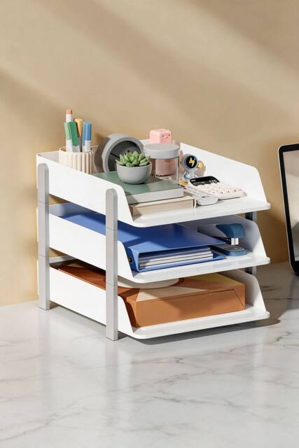 Living and Home 3-Tier Plastic Tabletop File Organiser Storage Rack in White - image 1