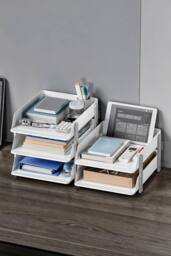 Living and Home 3-Tier Plastic Tabletop File Organiser Storage Rack in White - thumbnail 2