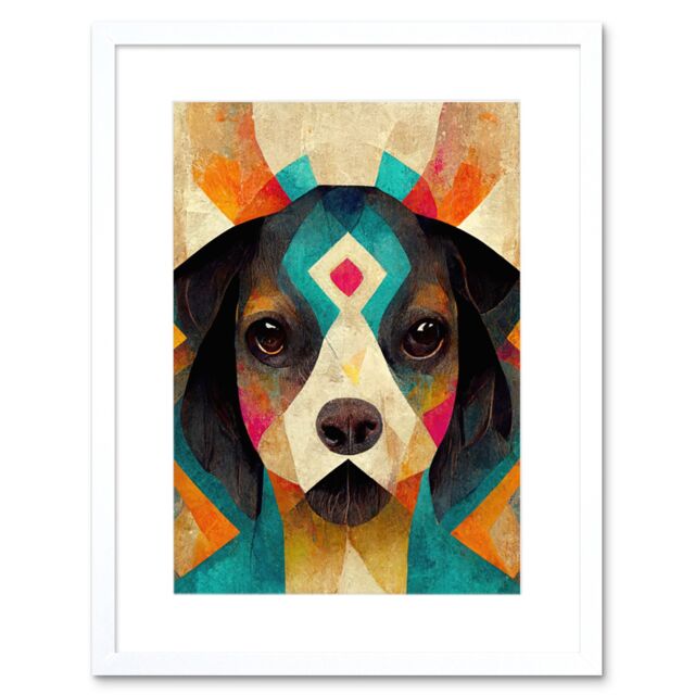 "Artery8 Wall Art Print Quirky Boho Abstract Modern Shaman Guru Dog Artwork Framed 9X7 Inch in White - Size: W7"" x H9""" - image 1