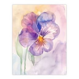 "Artery8 Single Pansy Modern Watercolour Purple Floral Wall Art Print - Size: W24"" x H32""" - thumbnail 1