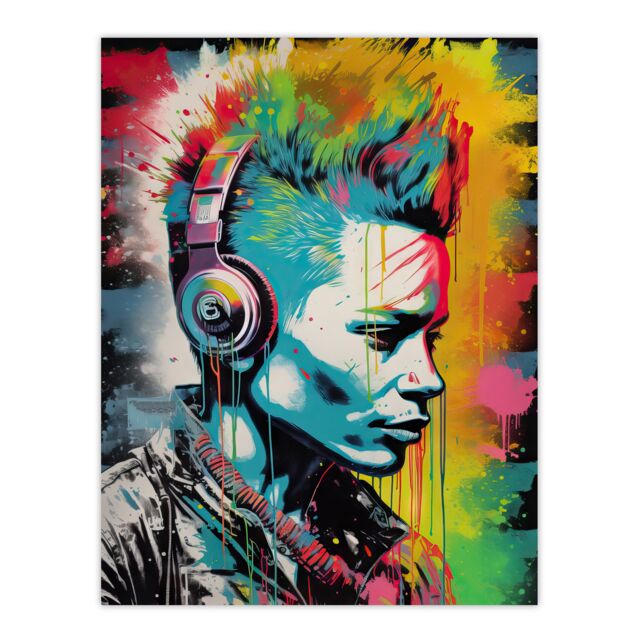 "Artery8 Wall Art Print Punk Music Vibrant Artwork Young Man With Headphones Portrait Poster - Size: W24"" x H32""" - image 1