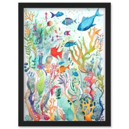 Artery8 Aquatic Scene Marine Life Folk Art Watercolour Painting Artwork Framed Wall Art Print A4 in Black - thumbnail 1