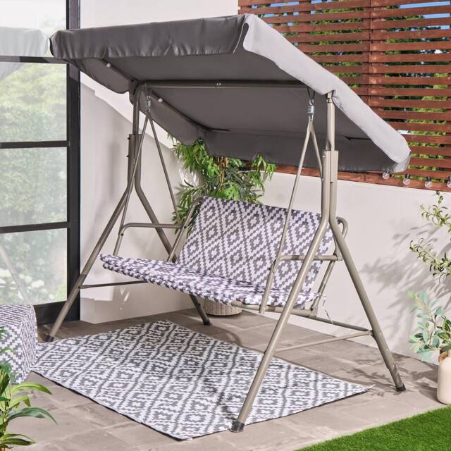 OHS Geo Print Garden Swing Chair Outdoor Hanging 3 Seater Bench Sun Shade in Grey - image 1