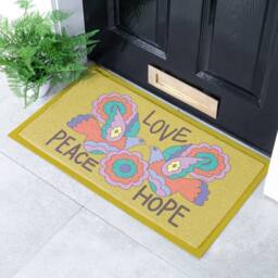 Artsy Mats Elizabeth Olwen Love Peace Hope Indoor/Outdoor Doormat (70x40cm) in Yellow - Size: 40 cm x 70 cm