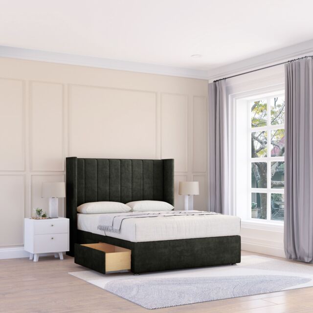 "Sloomy Falcon Dumfries Wingback Bed Set, 2 Drawers & 54"" Floor Standing Headboard in Black - Size: Double" - image 1
