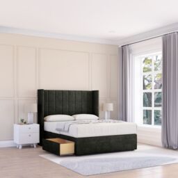"Sloomy Falcon Dumfries Wingback Bed Set, 2 Drawers & 54"" Floor Standing Headboard in Black - Size: Double" - thumbnail 1