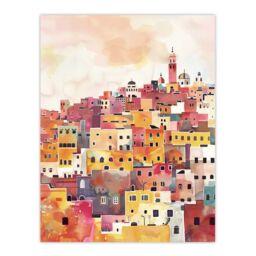 "Artery8 Morocco Skyline Colourful Watercolour Cityscape Wall Art Print in Orange - Size: W24"" x H32""" - thumbnail 1